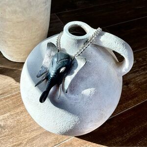 Elephant Head Pendant Necklace in Black and Silver Tone